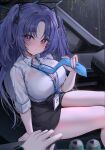  1boy 1girl arlene_(ju) black_skirt blue_archive blue_necktie blush bra bra_peek breasts button_gap can car_interior cleavage commentary_request halo highres id_card lanyard large_breasts long_hair looking_at_viewer miniskirt necktie parted_lips pov pov_hands purple_eyes purple_hair rain shirt shirt_tucked_in sitting skirt solo_focus thighs two_side_up underwear very_long_hair watch wet wet_clothes wet_shirt white_shirt wristwatch yuuka_(blue_archive) 