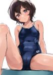  1girl absurdres arena_(company) black_hair blue_one-piece_swimsuit breasts covered_navel feet_out_of_frame head_tilt highres labotamochi logo looking_at_viewer one-piece_swimsuit original red_eyes short_hair simple_background small_breasts solo spread_legs swimsuit white_background 