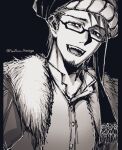  1boy black_background facial_hair fate/grand_order fate_(series) fur-trimmed_jacket fur_trim glasses greyscale hair_between_eyes jacket looking_at_viewer male_focus mehmed_ii_(fate) monochrome open_mouth purupuru_hanage shirt short_hair signature simple_background smile stubble turban upper_body 