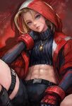  abs belt black_shorts blonde_hair blue_eyes cammy_white closed_mouth crop_top highres hood hooded_jacket jacket looking_at_viewer miche midriff official_alternate_costume penis ribbed_sweater scar scar_on_cheek scar_on_face shorts street_fighter street_fighter_6 sweater toned 