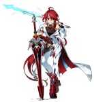  1girl black_shirt coat elesis_(elsword) elsword full_body highres holding holding_sword holding_weapon looking_at_viewer multicolored_hair official_art patrona_(elsword) ponytail red_eyes red_hair shirt sleeveless sleeveless_shirt smile solo sword teeth transparent_background weapon white_coat white_hair 