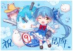  ;d absurdres blue_background blue_bow blue_dress blue_hair blush_stickers bow brown_footwear brown_headwear character_request circled_9 cirno cirno_(cosplay) collared_shirt commentary_request cosplay detached_wings dress food frilled_dress frills frozen hair_between_eyes hair_bow hat highres ice ice_wings long_hair looking_at_viewer moriya_suwako moriya_suwako_(cosplay) one_eye_closed puffy_short_sleeves puffy_sleeves purple_eyes purple_hair shaved_ice shenbei_xiaoqiu shirt shoes short_sleeves side_ponytail sleeveless sleeveless_dress smile socks spoon sweat torpedo touhou turn_pale very_long_hair warship_girls_r white_shirt white_socks wings x_x yellow_eyes 