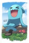  &gt;_&lt; :d arm_support closed_eyes cloud commentary_request dated day full_body happy mushroom nanaura_narina no_humans open_mouth outdoors pokemon pokemon_(creature) signature sitting sky smile tongue wobbuffet 