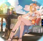  1girl arakawa_hiromu artist_request bikini blonde_hair blue_eyes breasts check_artist cloud commentary english_commentary feet foot_out_of_frame fullmetal_alchemist happy hat large_breasts large_hat legs long_hair looking_at_viewer official_art olivier_mira_armstrong sandals sitting sky smile solo strappy_heels swimsuit toenails toes white_bikini 