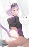  1girl absurdres ahoge animal_ear_fluff animal_ears ass blood blush breasts cat_ears cat_girl cat_tail collar cropped_jacket fang hair_between_eyes highres hololive hood hooded_jacket inugami_korone jacket large_breasts long_sleeves looking_at_viewer nekomata_okayu nosebleed parted_lips purple_eyes purple_hair revision short_hair skin_fang sleep_mask socks solo speech_bubble tail thighs three_twosix virtual_youtuber waking_up 