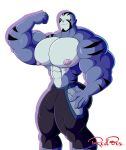  2022 abs alien ben_10 big_muscles blue_body blue_fur bottomwear bulge cartoon_network clothing countershading erect_nipples fur hi_res male muscular muscular_male nipples pants pecs pose red-box revonnahgander rook_blonko shirtless_male solo white_body white_fur 