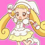  1girl :d arm_up blonde_hair brown_eyes commentary_request dress earrings gloves hat high_heels jewelry long_hair looking_at_viewer magical_girl makihatayama_hana ojamajo_doremi open_mouth outline pink_background puffy_short_sleeves puffy_sleeves short_sleeves simple_background smile snsk1875 solo standing standing_on_one_leg twintails very_long_hair white_dress white_footwear white_gloves white_headwear white_outline wing_hair_ornament 