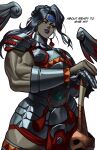  1girl absurdres arm_shield armor biceps black_hair cuisses earrings english_text forehead_protector gauntlets hades_(series) hades_2 hair_bun highres hoop_earrings jewelry leg_armor lipstick looking_at_viewer makeup muscular muscular_female nail_polish nemesis_(hades) purple_lips red_nails shoulder_armor solo sotcho sword weapon yellow_eyes 