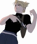  1girl absurdres black_shirt blonde_hair blue_pants breasts brown_eyes drawing_gun earrings from_below fullmetal_alchemist gun hair_between_eyes handgun highres holding holding_gun holding_weapon holster jewelry looking_ahead medium_breasts ozaki_(tsukiko3) pants parted_lips riza_hawkeye shirt short_sleeves shoulder_holster solo swept_bangs tight_clothes tight_shirt turtleneck updo upper_body weapon white_background 