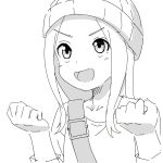  1girl :d beanie blush clenched_hands collarbone forehead greyscale hands_up hat highres karakai_jouzu_no_takagi-san kuro_kosyou long_sleeves monochrome parted_bangs shirt simple_background smile solo takagi-san upper_body v-shaped_eyebrows white_background 