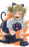  1girl absurdres animal_ears animal_hands bags_under_eyes bandaid bandaid_on_face black_skirt black_thighhighs blonde_hair blunt_bangs boku_no_hero_academia cat_ears cat_tail collared_shirt double_bun fake_animal_ears fengling_(furin-jp) gloves hair_bun highres looking_at_viewer paw_gloves paw_pose pleated_skirt shirt sidelocks skirt slit_pupils solo tail thighhighs toga_himiko white_shirt yellow_eyes 