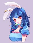  1girl animal_ears blue_dress blue_hair breasts cleavage collarbone commentary dango dress earclip food grey_background highres long_hair mouth_hold rabbit_ears raptor7 red_eyes sanshoku_dango seiran_(touhou) short_sleeves simple_background solo symbol-only_commentary touhou upper_body wagashi 