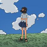  1girl black_eyes black_hair blue_skirt blue_sky cloud cloudy_sky collared_shirt commentary_request covered_mouth day field fucca full_body grass hair_over_mouth highres holding_own_arm horizon light_blush looking_to_the_side medium_hair no_socks on_grass original outdoors pleated_skirt profile raised_eyebrows sandals shirt short_sleeves skirt sky solo standing white_shirt wind 