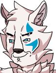  anonymous_artist anthro black_nose blue_eyes bodypaint canid canine canis chudjak face_paint far_beyond_the_world_(series) fur male mammal neck_tuft piercing simple_background smile smirk solo soyjak tano_(far_beyond_the_world) tuft white_background white_body white_fur wolf 