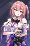  1girl asta_(honkai:_star_rail) bare_shoulders black_bow black_bowtie blue_eyes bow bowtie braid breasts center_frills choker commentary dondobi frills hair_ornament highres honkai:_star_rail honkai_(series) id_card looking_at_viewer medium_hair pink_hair purple_choker shirt sleeveless smile solo telescope white_shirt 