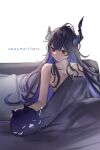  1girl absurdres aragiken bed bed_sheet black_hair colored_inner_hair demon_girl demon_horns english_text highres hololive hololive_english horns implied_nudity long_hair multicolored_hair nerissa_ravencroft on_bed virtual_youtuber 