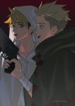  2boys black_cloak black_hair blonde_hair blood blood_on_clothes blue_eyes brothers cloak cowboy_shot gun hand_up highres holding holding_gun holding_weapon male_focus millions_knives mix_(wkupmix) mole mole_under_eye multiple_boys open_mouth profile red_background revolver short_hair siblings smile standing trigun trigun_stampede undercut vash_the_stampede weapon white_cloak 