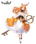  1girl animal_ears book breasts cleavage copyright_name dress frilled_dress frills highres key looking_at_viewer mt_(ringofive) orange_dress orange_eyes orange_hair oversized_object puffy_short_sleeves puffy_sleeves rabbit_ears seven_knights short_sleeves simple_background skirt_hold smile solo standing two-tone_dress white_background white_dress 