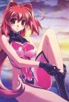  1girl absurdres ahoge bare_shoulders blush bodysuit bodysuit_pull bou bow breasts closed_mouth cloud covered_navel fortified_suit gloves hair_bow hair_intakes highres kagami_sumika knee_up large_breasts long_hair looking_at_viewer low_ponytail muvluv muvluv_alternative official_art outdoors pilot_suit pink_bodysuit ponytail red_eyes red_hair shiny_clothes sitting skin_tight sky sleeveless smile solo sunset tattoo undressing very_long_hair 