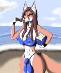  accessory anthro beach bikini blue_clothing blue_eyes bulge canid canine cire clothing eyewear fox fur gynomorph hair_accessory hi_res intersex mammal nipples orange_body orange_fur sea seaside simple_background solo sport sunglasses swimwear volleyball water 