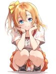  1girl black_footwear blue_eyes borgbutler closed_mouth collarbone hair_between_eyes highres kousaka_honoka looking_at_viewer love_live! love_live!_school_idol_project one_side_up orange_hair orange_skirt panties pantyshot shirt shoes short_hair simple_background skirt smile solo squatting underwear white_background white_panties white_shirt 