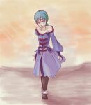  1girl aqua_hair bare_shoulders blue_hair blue_pantyhose boots bridal_gauntlets brown_footwear earrings facial_mark forehead_mark green_eyes highres jewelry knee_boots pantyhose ryss short_hair solo strapless zoids zoids_chaotic_century 