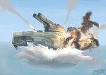  absurdres battle_of_titans cannon explosion highres hozukikasumi mecha naval_guns partially_submerged robot rocket splashing walker weapon 
