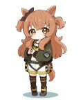  1girl absurdres animal_ears black_ribbon blush boots brown_eyes brown_footwear brown_hair brown_thighhighs chibi closed_mouth commentary_request crop_top dog_tags ear_ribbon full_body green_jacket highres horse_ears horse_girl horse_tail jacket long_hair long_sleeves looking_at_viewer mayano_top_gun_(umamusume) midriff nozo_(hitomiz) open_clothes open_jacket puffy_long_sleeves puffy_sleeves ribbon shadow shirt short_shorts shorts simple_background sleeves_past_wrists solo standing tail thighhighs thighhighs_under_boots two_side_up umamusume very_long_hair white_background white_shorts yellow_shirt 