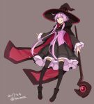 1girl :q ahoge alternate_costume black_dress black_thighhighs boots brown_background cloak commentary_request dated dress frilled_dress frilled_sleeves frills full_body hat holding holding_staff hood hood_down hooded_cloak layered_dress long_hair looking_at_viewer pink_corset pink_hair short_hair_with_long_locks simple_background solo staff thighhighs tongue tongue_out toromera twitter_username v-shaped_eyebrows very_long_hair vocaloid voiceroid wide_sleeves witch witch_hat yuzuki_yukari 