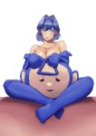  1girl absurdres blue_eyes blue_hair breasts cleavage cosplay costume erasorpepero hair_intakes highres hololive hololive_english large_breasts mask ouro_kronii short_hair solo teletubbies tinky_winky tinky_winky_(cosplay) tongue tongue_out unworn_mask virtual_youtuber 