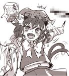  +_+ 2girls alinoce716 anger_vein animal_ear_fluff animal_ears bow bowtie cat_ears cat_girl cat_tail censored chen commentary_request corpse fingernails greyscale hat highres long_fingernails long_sleeves looking_at_viewer mob_cap monochrome mosaic_censoring multiple_girls multiple_tails nekomata open_mouth short_hair simple_background solo_focus star_(symbol) tail touhou two_tails vest yakumo_ran 