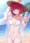  1girl arima_kana arm_up beach bikini blue_sky blush breasts cloud cloudy_sky commentary_request day double_scoop flower food frilled_bikini frills hat hat_flower highres holding holding_food horizon ice_cream ice_cream_cone izumo_neru lens_flare looking_at_viewer navel ocean oshi_no_ko outdoors palm_tree parted_lips red_eyes red_hair sand see-through short_hair sky small_breasts solo straw_hat sweat swimsuit tree water white_bikini white_flower 