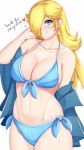  1girl anisdrawn bare_shoulders bikini blonde_hair blue_bikini blue_eyes breasts commentary cowboy_shot highres large_breasts long_hair looking_at_viewer mario_(series) navel no_headwear rosalina smile solo standing stomach swimsuit thighs very_long_hair 
