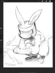  anthro bandai_namco big_penis blush bodily_fluids boxing_gloves clothing ejaculation genitals grin handwear headgear hi_res kangaroo klonoa_(series) macropod male mammal marsupial masshiro masturbation pantsless penis popka sketch smile solo sweat 