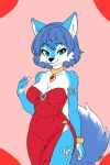  anthro blue_body blue_fur blue_hair bodypaint canid canine clothed clothing dress female fokkuzu fox fur green_eyes hair jewelry krystal mammal markings nintendo red_clothing simple_background solo solo_focus star_fox 