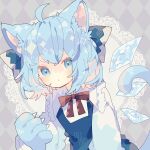  1girl ahoge animal_ears animal_hands argyle argyle_background blue_bow blue_dress blue_eyes blue_hair bow cat_ears cat_paws cat_tail cirno closed_mouth collared_shirt detached_wings doily dress fairy hair_bow highres ice ice_wings long_sleeves nikorashi-ka pout shirt short_hair solo tail touhou white_shirt wings 