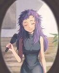  1girl arc_the_lad arc_the_lad_ii black_dress breasts closed_eyes closed_mouth dress finia hair_brush highres iro_saki jewelry long_hair messy_hair necklace purple_hair sleeveless sleeveless_turtleneck solo turtleneck 