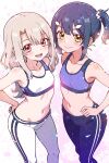  2girls ai-assisted bare_shoulders black_hair blush commentary_request fate/kaleid_liner_prisma_illya fate_(series) flat_chest from_above hair_between_eyes hanagata_kai hands_on_own_hips illyasviel_von_einzbern long_hair looking_at_viewer miyu_edelfelt multiple_girls navel open_mouth pants red_eyes sidelocks smile sports_bra sportswear white_hair yellow_eyes yoga_pants 