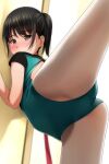  1girl absurdres athletic_leotard black_hair brown_eyes cowboy_shot from_behind green_leotard highres leg_up leotard looking_at_viewer looking_back matsunaga_kouyou original short_hair short_sleeves solo spread_legs standing standing_on_one_leg 