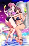  2girls :d amano_megumi amano_megumi_wa_suki_darake! artist_name ass barefoot bikini black_bikini black_nails blue_eyes blush braid breasts brown_hair cleavage closed_mouth cocktail_glass cup drinking_glass earrings fang feet foreshortening french_braid fujishiro_yukino green_eyes hair_between_eyes hair_bun highres holding holding_cup inflatable_raft jewelry kneeling large_breasts legs long_hair looking_at_viewer multiple_girls nail_polish navel nekoguchi night official_art open_mouth pink_hair pool shiny_skin side-tie_bikini_bottom signature sitting smile soles stomach swimsuit tan thighs toenail_polish toenails toes tongue tongue_out water wet 