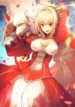  1girl aestus_estus ahoge arm_up armor blonde_hair blue_sky blush braid breasts cleavage cleavage_cutout clothing_cutout dress epaulettes fate/extra fate/grand_order fate_(series) french_braid green_eyes hair_bun hair_intakes hair_ribbon highres juliet_sleeves large_breasts long_hair long_sleeves looking_at_viewer nero_claudius_(fate) nero_claudius_(fate/extra) no-kan open_mouth pauldrons petals puffy_sleeves red_dress red_ribbon ribbon shoulder_armor single_pauldron sky smile solo sword weapon 
