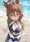  1girl agnes_tachyon_(lunatic_lab)_(umamusume) agnes_tachyon_(umamusume) ahoge animal_ears beach bikini black_bikini breasts brown_hair cleavage dated green_jacket hair_between_eyes highres hirota_fruit horse_ears horse_girl jacket large_breasts looking_at_viewer medium_hair ocean official_alternate_costume open_mouth red_eyes sand short_sleeves sitting swimsuit twitter_username umamusume 