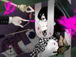  2boys arrow_(projectile) black_hair black_headwear bug bullet butterfly checkered_clothes checkered_scarf closed_mouth danganronpa_(series) danganronpa_v3:_killing_harmony jacket long_sleeves monokuma multiple_boys o_su-u_(osusan_enjipai) oma_kokichi pointing pointing_at_another profile purple_eyes rocket saihara_shuichi scarf smile solo_focus staff white_jacket 