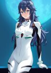  1girl against_railing ameno_(a_meno0) ayanami_rei ayanami_rei_(cosplay) blue_eyes blue_hair bodysuit breasts cosplay crossed_bangs fire_emblem fire_emblem_awakening hairpods long_hair lucina_(fire_emblem) mismatched_pupils moon parted_lips plugsuit railing skin_tight sky small_breasts solo symbol_in_eye very_long_hair wavy_hair white_bodysuit 
