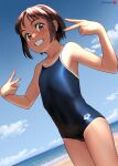  1girl artist_name bare_arms bare_shoulders beach blue_sky blush breasts brown_eyes brown_hair cloud collarbone commentary_request competition_swimsuit covered_navel cowboy_shot day double_v grin highres horizon looking_at_viewer mu-pyon ocean one-piece_swimsuit original paid_reward_available school_swimsuit short_hair sky smile solo standing swimsuit teeth v 