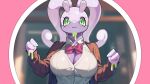  big_breasts breasts brown_clothing brown_coat brown_topwear cleavage clothed clothing coat digital_media_(artwork) dragon drunk_oak female generation_6_pokemon goodra green_eyes green_slime hi_res huge_breasts nintendo pink_body pokemon pokemon_(species) red_bow school_uniform slime solo topwear uniform 