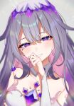  1girl absurdres blush chest_jewel detached_collar detached_sleeves gem grey_background grey_hair gukurosawa01 highres hololive hololive_english koseki_bijou long_hair purple_eyes smile strapless virtual_youtuber 