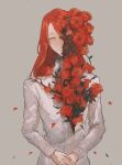  1boy 31tamagokake580 blood blood_on_clothes dress_shirt expressionless fate/grand_order fate_(series) flower flower_over_eye grey_background highres leaf long_hair looking_at_viewer male_focus own_hands_together parted_lips petals red_flower red_hair red_rose rose shirt simple_background solo swept_bangs thorns tristan_(fate) upper_body white_shirt yellow_eyes 