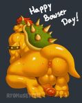  2023 absurd_res accessory anthro anus balls big_butt bodily_fluids bowser bowser_day bracelet butt chubby_male digital_media_(artwork) genital_fluids genitals hair hi_res jewelry koopa looking_at_viewer looking_back looking_back_at_viewer male mario_bros nintendo penis precum presenting presenting_hindquarters red_hair ryokusetteh scalie simple_background simple_coloring slightly_chubby smile solo sweat sweaty_balls sweaty_butt sweaty_genitalia sweaty_legs sweaty_thighs tail teeth 