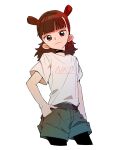  1boy black_choker black_eyes black_hair black_leggings choker double_bun green_shorts hair_bun hand_in_pocket highres leggings long_hair looking_at_viewer luo_xiaohei_zhanji nezha_(the_legend_of_luoxiaohei) nploser shirt short_sleeves shorts solo t-shirt white_shirt 